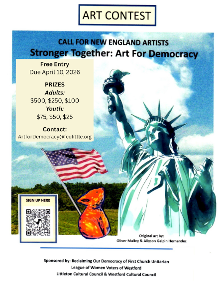 A poster for the Stronger Together: Art for Democracy art contest showing the Statue of Liberty, American flag, and a fox. Click the image to be taken to a Google doc with further information.