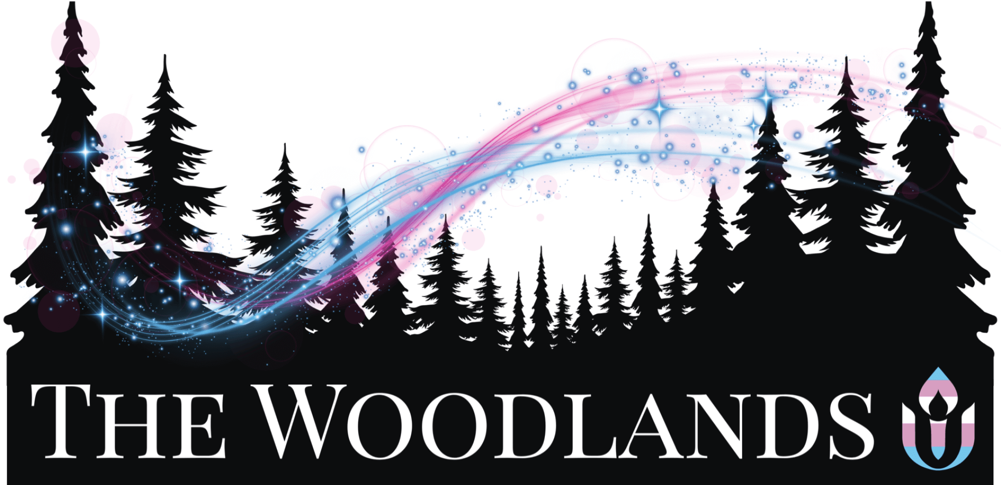 Silhouette of pine trees with pink and blue light trails across the sky. White text reads 'The Woodlands,' with a chalice in trans pride colors in the lower right corner.