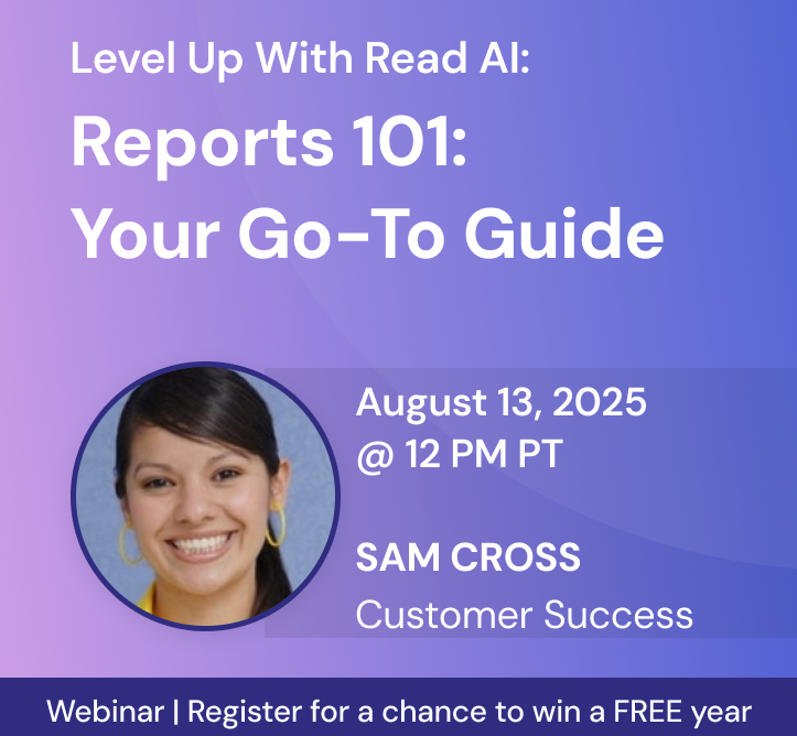 Graphic for Read AI webinar, including the title, date, and headshot of Sam Cross