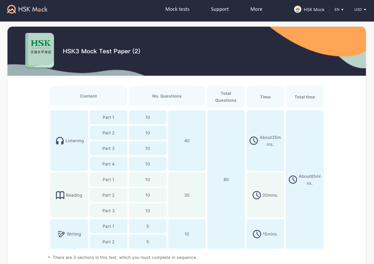 Complete HSK Level 3 mock test structure on HSK Mock