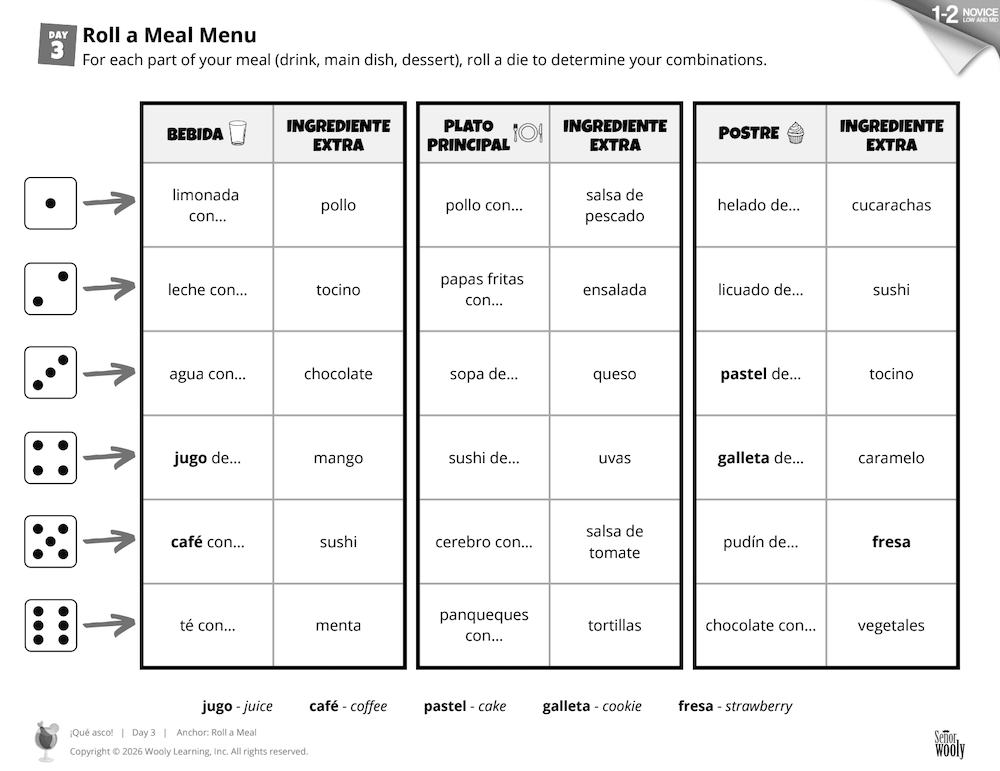 Roll a Meal activity from the ¡Qué asco! lesson plan