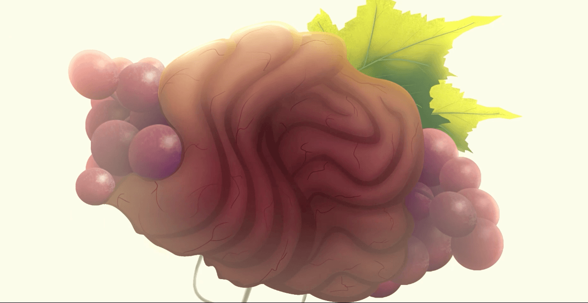 Still from ¡Qué asco! featuring grapes wrapped in brains