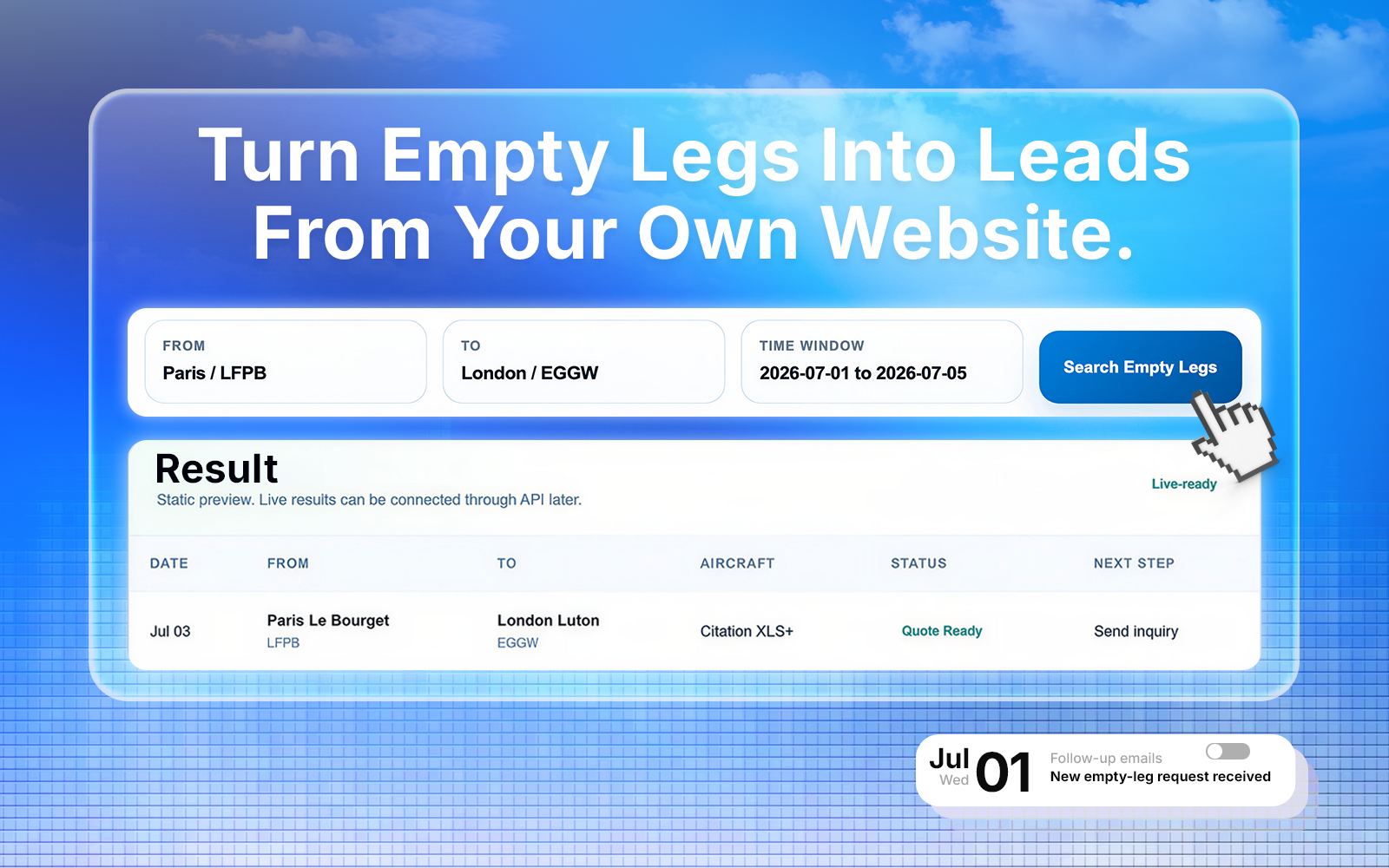 CRM and sales workflow for empty-leg matches and quote-ready handoffs
