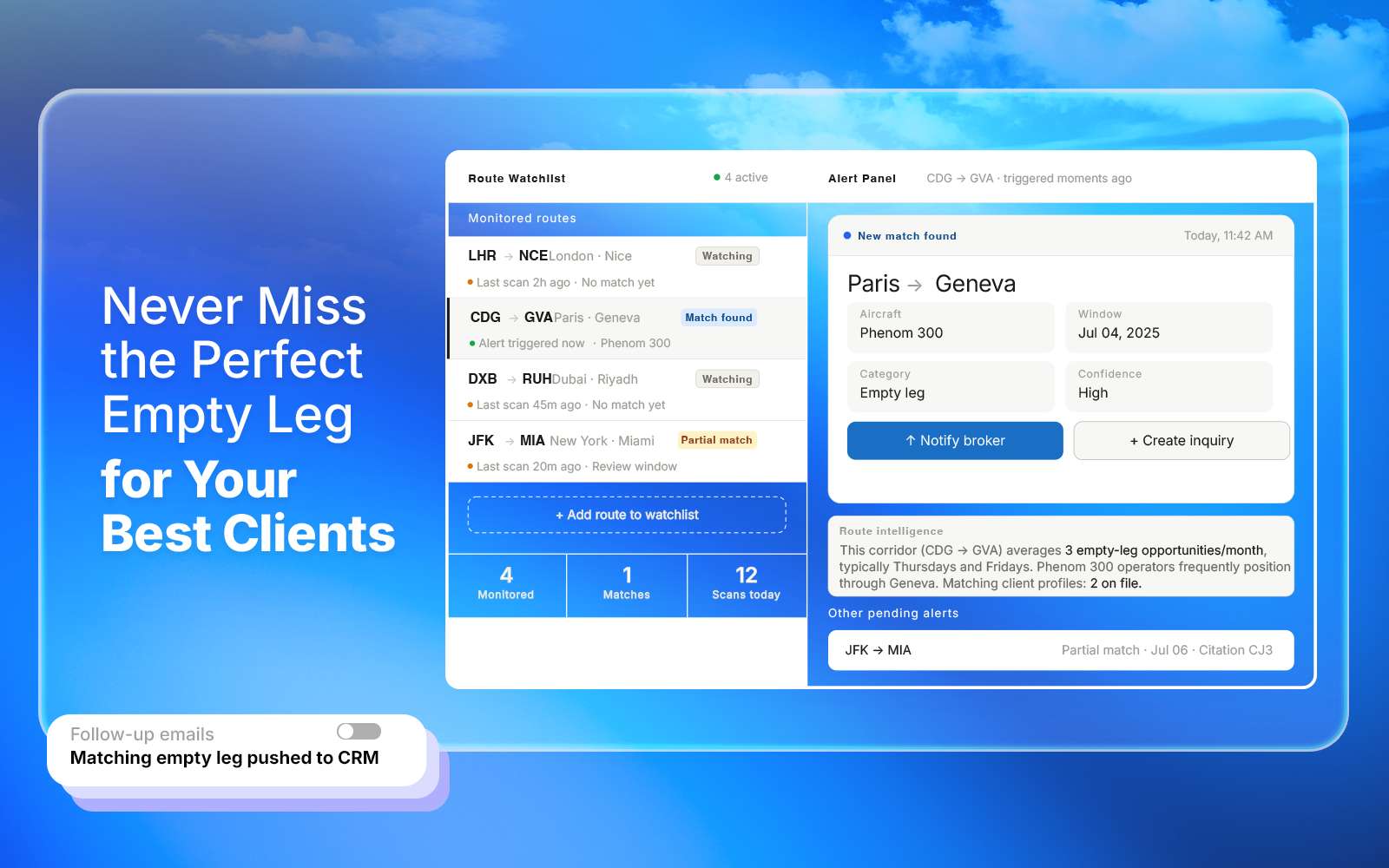 Website empty-leg search interface connected to Avi-Go API