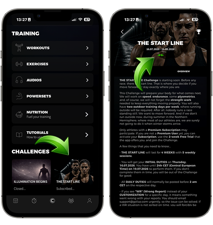 Goliaz Training screen showing where to find THE START LINE Challenge card