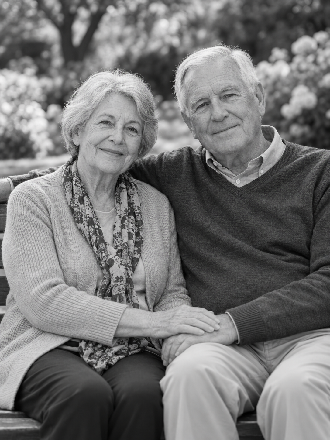 Illustrative black and white portrait of an elderly couple