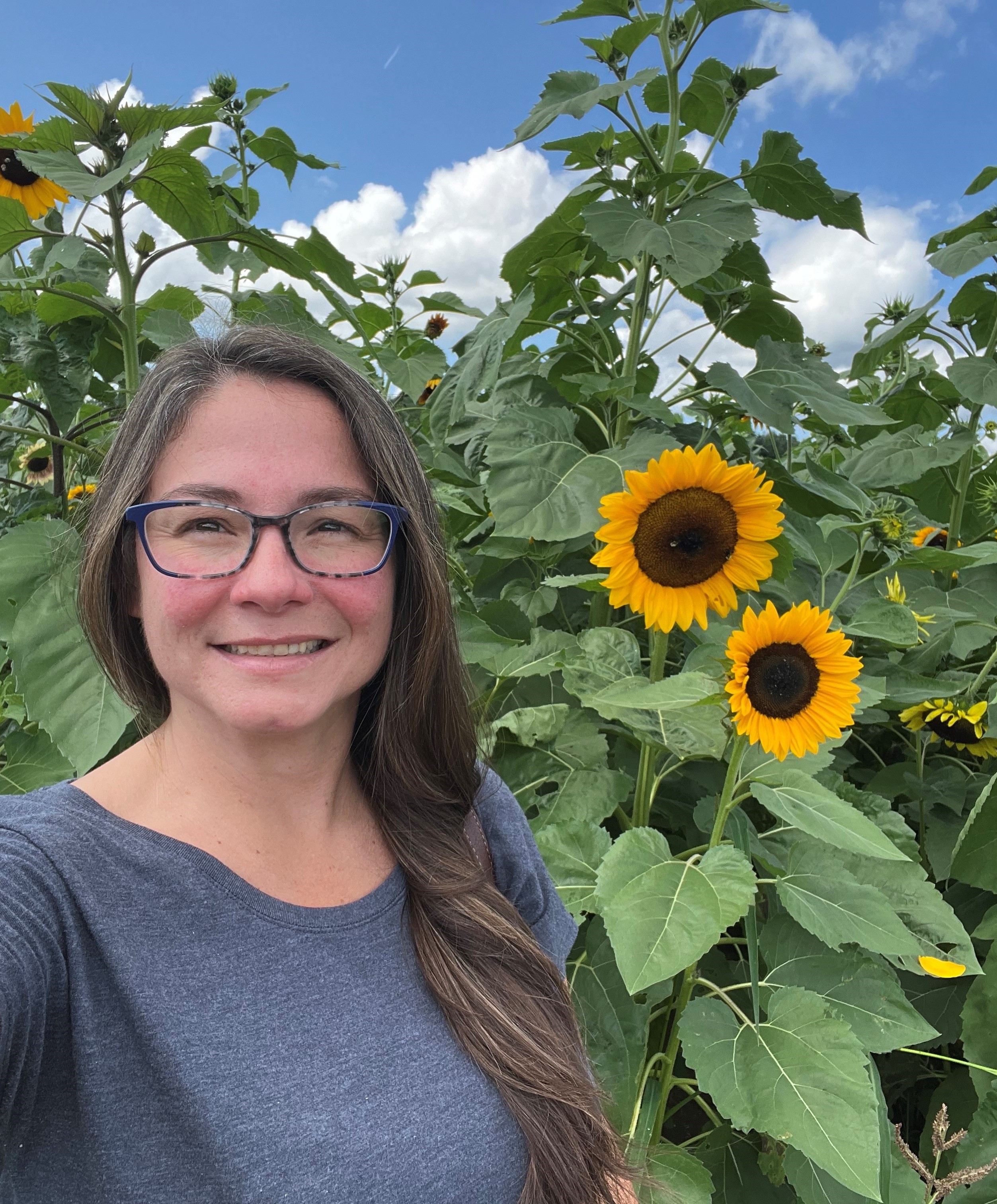 Rachel Collins standing among sunflowers.